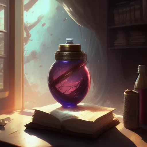 592799571-Arcane style, one single colorful potion in a round bottle with a glowing galactic landscape inside of it on a messy brown table.webp